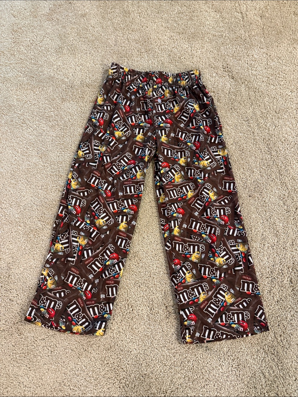 M&M'S Brown Candy-Print Kids Pajama Pants with Red, Yellow & Blue. Small.